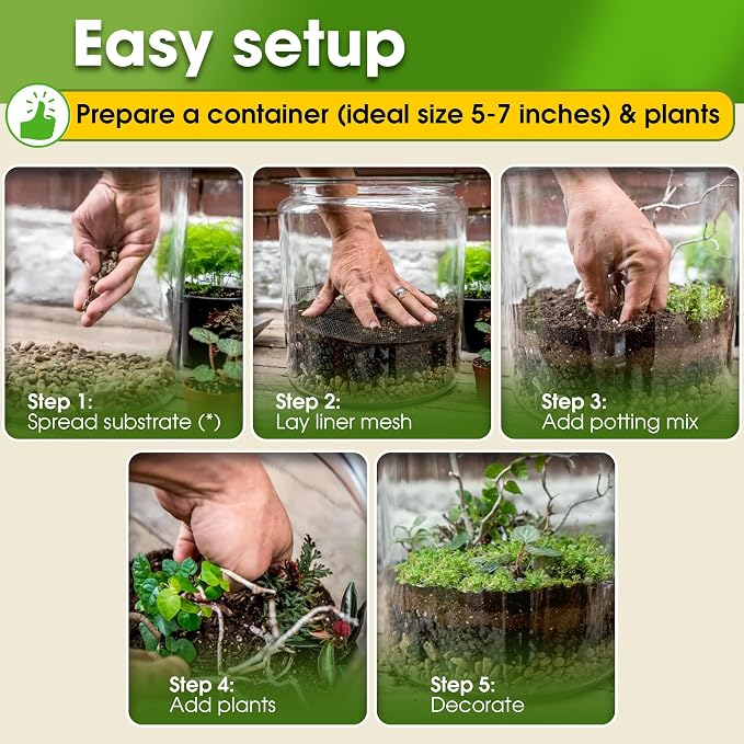 DUSPRO Terrarium Kit, Include Potting Soil, Pumice, Zeolite, Green Moss, Sphagnum Moss, Decorative Stone, Mesh, Tools, DIY Terrarium Kit for Kids, Air Plant, Succulent