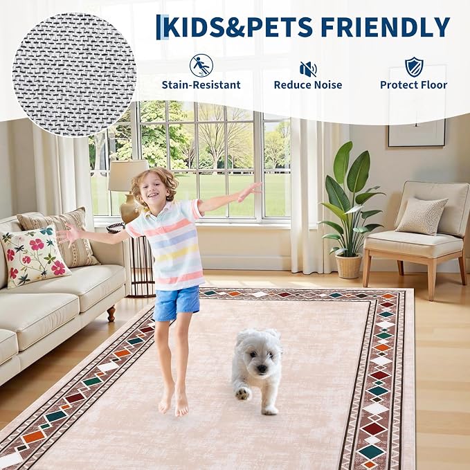 Garvee Large Area Rug 10x13 Rugs Vintage Border Washable Rug, Beige | Boho Area Rug Stain Resistant Easy Cleaning Throw Rugs Low Pile Floor Cover for Nursery Dining Room Apartment