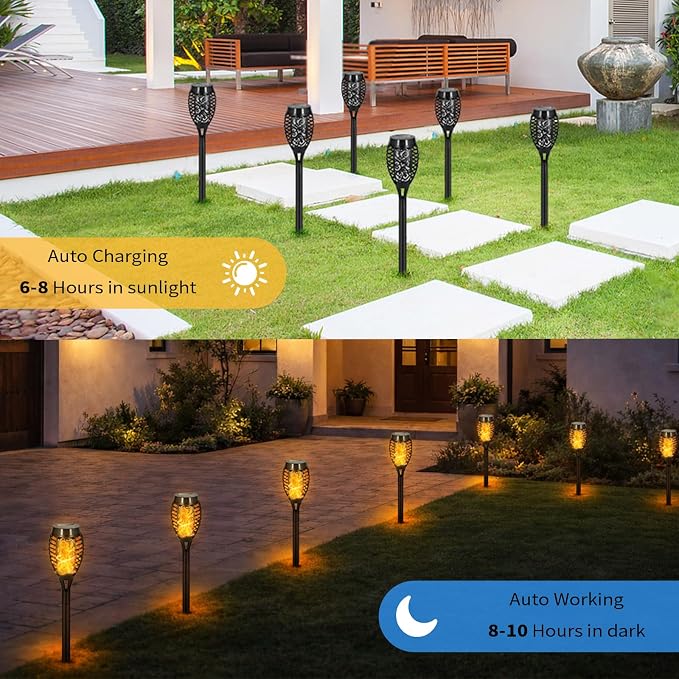 Solar Torch Flame Lights, Flickering Flame LED – Waterproof Solar Garden Lights for Patio, Yard, Pathway, Landscape & Backyard Décor (Warm WHITE-12 Pack)