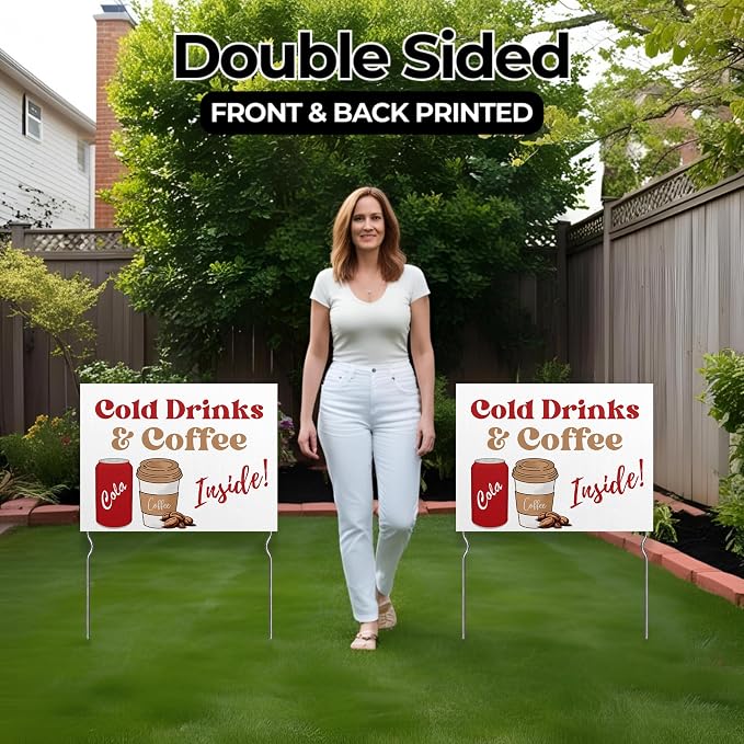 Cold Drinks & Hot Coffee Inside! Yard Sign by DC | 24"x18" Double Sided Conv. Store Garden Sign with 13” Metal Stakes | Outdoor Signs Waterproof for Lawn, Patio, Sidewalk & House | Set of 5