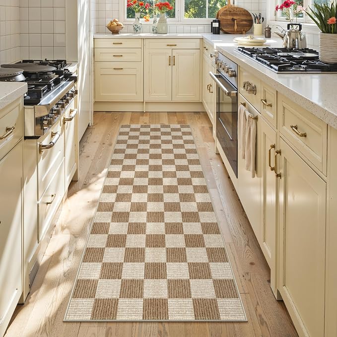 LIVEBOX Washable Runner Rug, 2x6 Brown Runner Rugs for Hallway, Non-Slip Kitchen Runners, Farmhouse Neutral Classic Geometric for Hallways, Entryway, Bedroom, Bathroom(Brown 2'x6')
