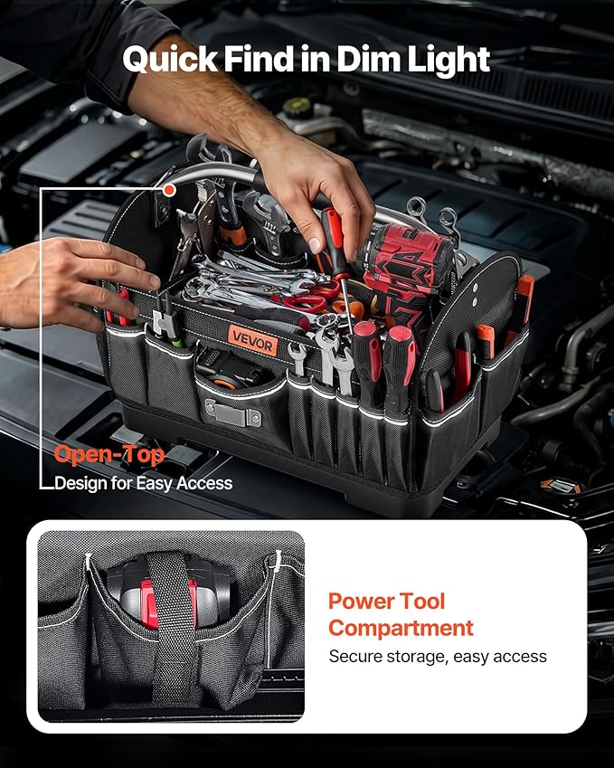 VEVOR Tool Bag, 16.1 Inch, 33-Pocket Open Top Tool Tote, Portable Electrical Maintenance Toolbox Organizer Storage with Hard Plastic Base, Adjustable Shoulder Strap, for Professionals DIY & Jobsite