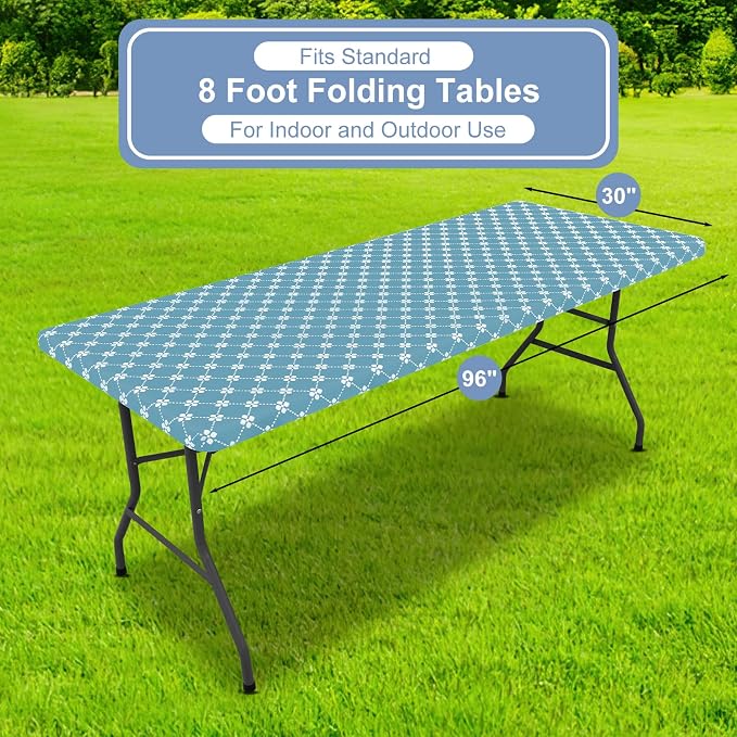 misaya Rectangle Vinyl Table Cloth, Elastic Fitted Tablecloth with Flannel Backing, Waterproof Plastic Table Cover Fits 8 Foot Folding Tables for Picnic, Camping and Outdoor (Lake Blue, 30" x 96")