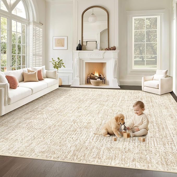 Living Room Rugs 9x12: Washable Moroccan Geometric Boho Rug Farmhouse Non Slip Stain Resistant Large Rug Low Pile Soft Carpet for Bedroom Dining Room Children Room (Beige,9'x12')