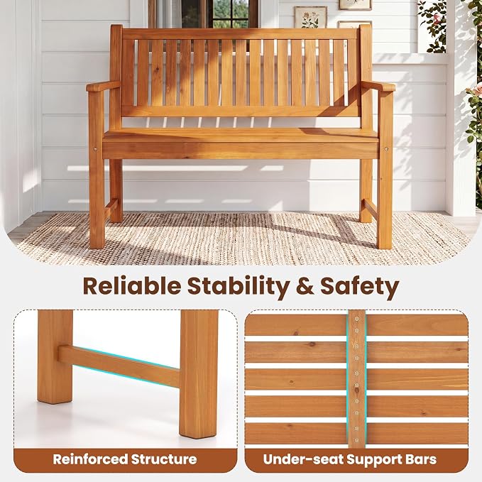 Tangkula 2-Seater Outdoor Wooden Bench, Garden Loveseat Bench with Backrest, Armrests, Slatted Seat, Loads up to 660 LBS, Fir Wood Bench Seating for Porch, Backyard, Deck, Poolside (45.5",Natural)