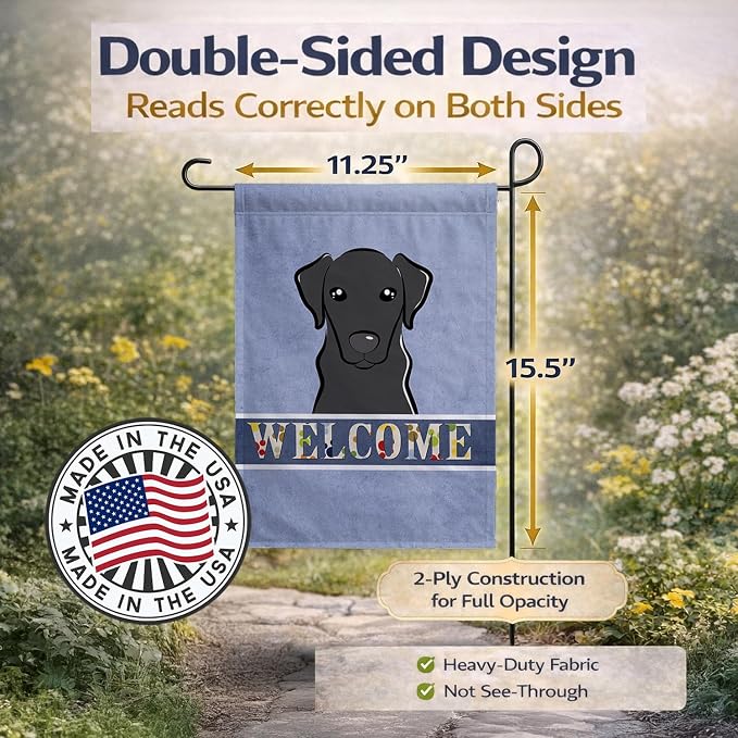 Caroline's Treasures BB1421GF Black Labrador Welcome Garden Flag, Blue Mailbox Flag Decorative Yard Flag Banner Outside Patio Artwork Yard Flower Beds, Garden Size, Multicolor