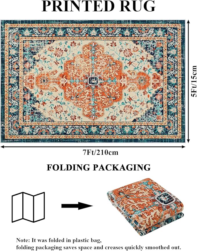 U'Artlines Boho Vintage Area Rug 5x7 Machine Washable Carpet,Orange/Multi | Low Pile, Non Slip, Ultra-Thin Soft Floor Carpet, Accent Rug for Living Room Bedroom Entryway Dining Room Office