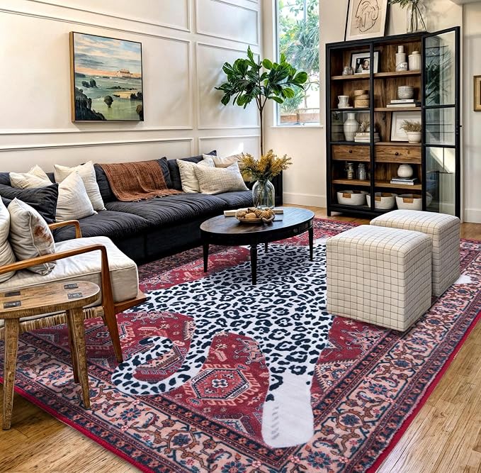 Oriental Leopard Rug 5x7 ft Washable Traditional Red Area Rugs for Bedroom Living Room, Dining Room Under Kitchen Table, Soft Non Slip Thin Rug Carpet (Red Leopard, 5X7 FT)