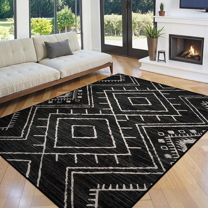 LIVEBOX Western 5x7 Area Rug, Black Washable Rugs for Living Room Bedroom, Non Slip Moroccan Tribal Rug Low Pile Modern Geometric Boho Area Rugs Diamond Carpet for Dining Room Home Office Playroom