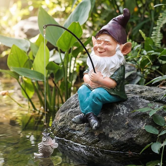 Gnomes Decoration for Yard Outdoor Garden Decor 9.7 Inch Tall Fishing Gnome Statue for Koi Pond, Waterfalls or Poolside Ornaments, Fisher Guy Outdoor Statues, Gift for Mom & Women