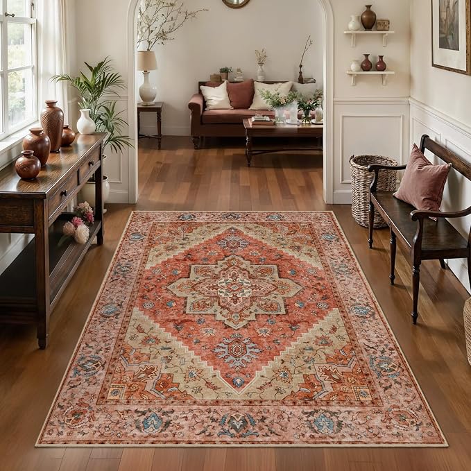 Tangsoo Boho 3x5 Rug, Washable Non Slip Accent Rugs for Entryway Terracotta | Vintage Print Indoor Carpet,Oriental Soft Low Pile 3x5 Area Rugs for Living Room Bedroom Bedside Bathroom Entrance Home Decor