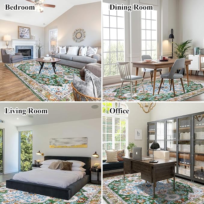 U'Artlines Boho Vintage Area Rug 9x12 Machine Washable Carpet, Green | Low Pile, Non Slip, Ultra-Thin Soft Floor Carpet, Accent Rug for Living Room Bedroom Dining Room Office