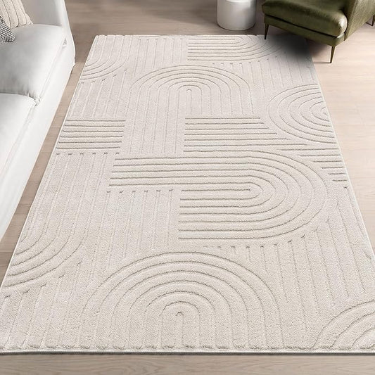 SHACOS Soft Fluffy Arch Pattern Area Rug 2'7"x5' Non Slip Washable Minimalist Modern High-Low Geometric Carpet for Living Room Kitchen Bedroom Bathroom, Beige