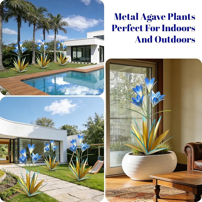 TOMBABY 32.28 Inch Metal Agave Plant Outdoor Decoration Lily Mexican Yard Art Garden Gift Home Decor Hand Painted Metal Agave Garden Yard Statue (2pc, Blue)