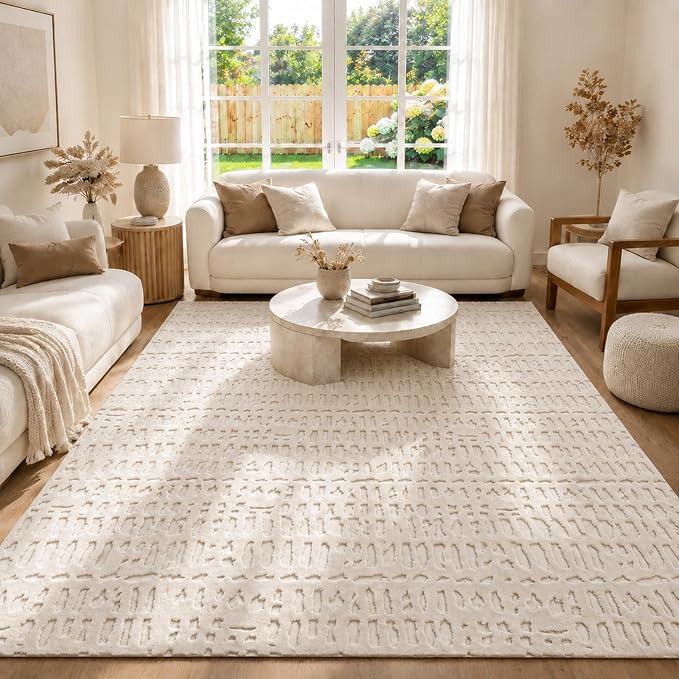 Yamaziot Washable 8x10 Area Rugs for Living Room Textured Non Slip, Beige | Modern High-Low Geometric Pattern, Soft Fluffy, Neutral, Minimalist Floor Carpet for Bedroom Dining Room Nursery Kids Room