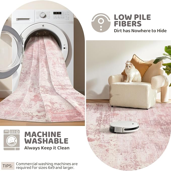 UERMEI 9x12 Area Rug Living Room Rugs - Washable Neutral Modern Abstract Soft Thin Large Rug Indoor Floor No Slip Rug Carpet for Bedroom Under Dining Table Home Office Decor - Pink