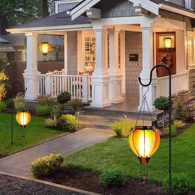 Hanging Solar Hot Air Balloon Lantern with Flame, Glass Hot Air Balloon Solar Lantern Outdoor Waterproof, Solar Powered Hot Air Balloon Lantern Decorative for Outside Garden Yard (Orange)