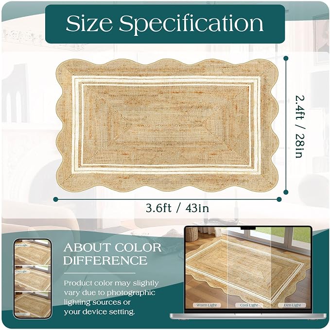 Boho Scalloped Outdoor Rug, 28"x43" Front Door Mat Indoor Entrance | Non-Slip Washable Outdoor Mat Jute-Look Neutral Farmhouse Rugs for Entryway Kitchen Bedroom Layered Doormat for Front Porch