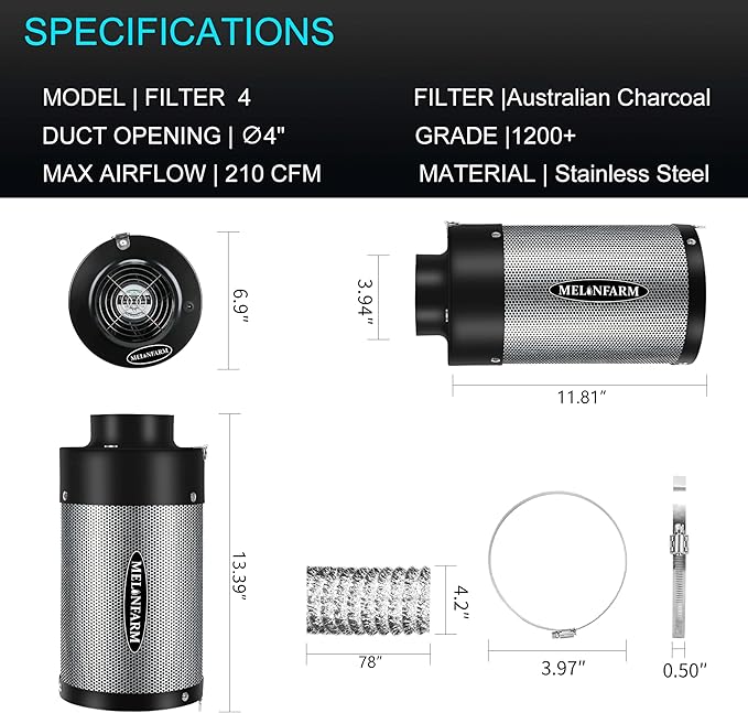 Air Filtration Kit 4", Built-in 14cm Fan Low Nois Carbon Filter with 12-Speed Controller, 8' Ducting, Cooling & Ventilation System for Grow Tents, Indoor Gardening, Hydroponics 4“x12.6"