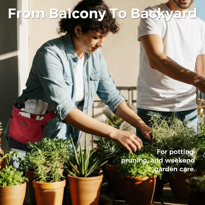 Garden Tool Belt for Women & Men, Burgundy Red Denim Apron with Pockets, Structured Opening, 2 Large Pockets + 2 Inner Pockets, Wide Belt Tool Pouch for Gardening, Florist & Craft