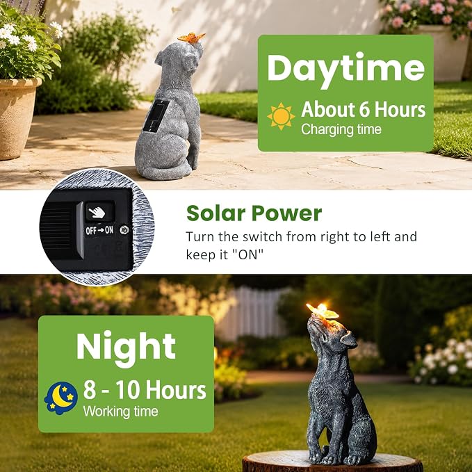 Dog Statue with Solar Butterfly Garden Decor | Ideal gifts for mom, dad or birthdays, beautifully crafted outdoor decorations to wow your guests