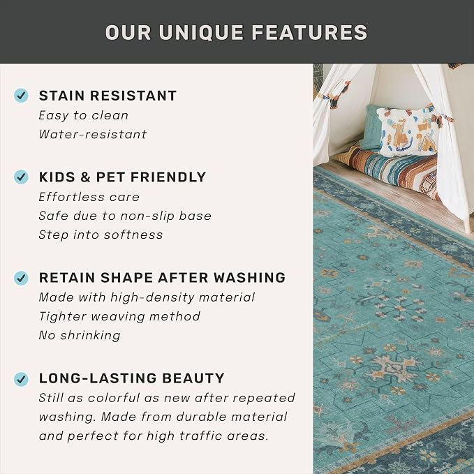 Boho 2'6"x8' Wide Hallway Runner Rugs - Teal 8ft Long Washable Door Rugs for Entryway Indoor, Non Slip with Rubber Backing, Vintage Floral Indoor Décor, Low Pile & Soft Carpet