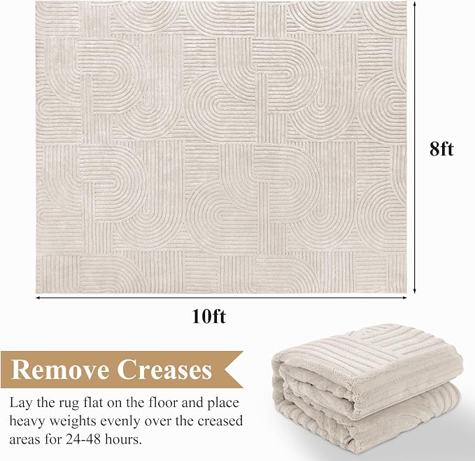 Pauwer 8x10 Area Rugs for Living Room, Modern Non Slip Washable Rug, Beige | Arch Pattern, Soft Fluffy, Neutral, Boho Accent, Solid Color Floor Carpet, For Kids Room Dining Room Nursery Entryway