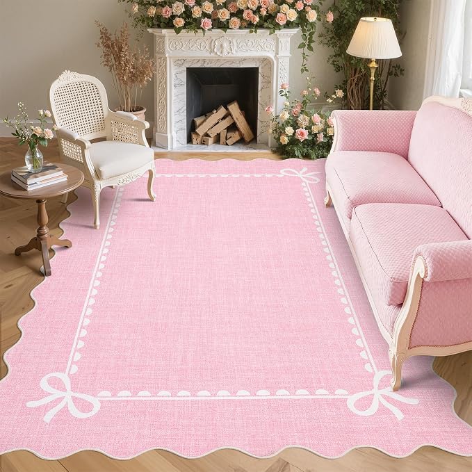 GarveeHome Scalloped Bow Rug 8x10 Washable Pink Rug for Bedroom Living Room | Non Slip Soft Low Pile Indoor Large Carpet for Nursery Girls Bedroom Decor Hallway Kids Room College Dorm Playroom