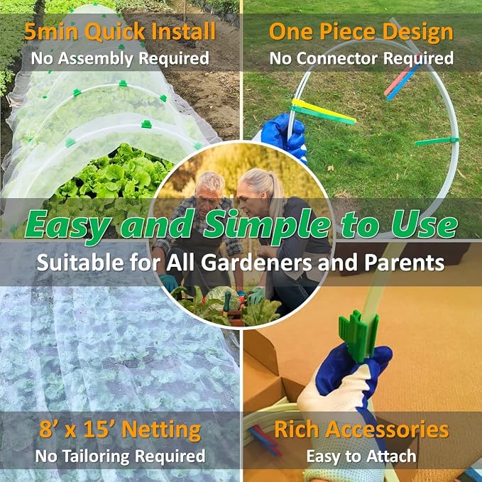 Garden Mesh Netting Kit, Super Bendable Fiberglass Greenhouse Hoops with Ultra-Fine Pest Barrier for 2-4ft Wide Raised Beds, Weather Resistant Grow Tunnel for Planting Row Protection