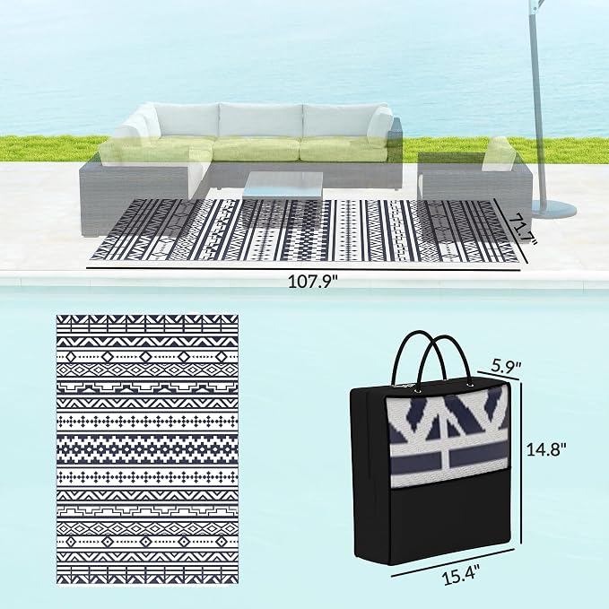 Outsunny Outdoor Rug for Patio, 6' x 9' Waterproof Large Mat, Reversible Plastic Straw Rug for Decor, Portable Outside RV Camping Area Carpet Mat for Backyard Porch Deck Picnic, Blue & White Geometric