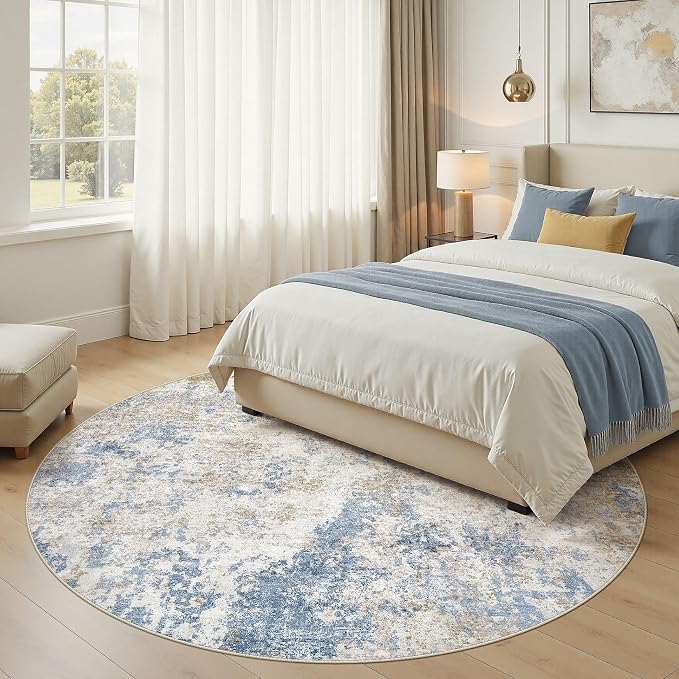 Nakagishi 6X6 Abstract Washable Area Rugs for Living Room-Blue Brown | Modern Non-Slip Silicone Backing Low Pile Soft Carpet for Bedroom Dining Decor Ideal for Families with Kids and Pets