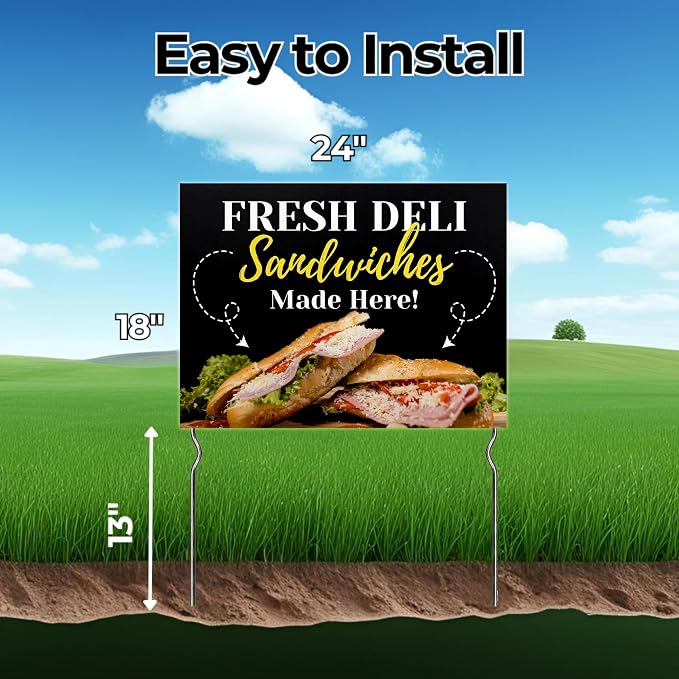 Fresh Deli Sandwiches Made Here! Yard Sign by DC | 24"x18" Double Sided Conv. Store Garden Sign with 13” Metal Stakes | Outdoor Signs Waterproof for Lawn, Patio, Sidewalk & House | Set of 2