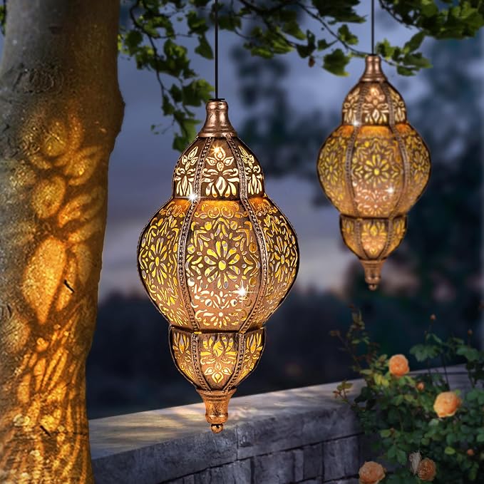 Solar Lantern Outdoor Waterproof, Hanging Garden Decor, Metal Moroccan Decorative Lights for Yard, Patio, Lawn, Porch, Unique Housewarming Gifts