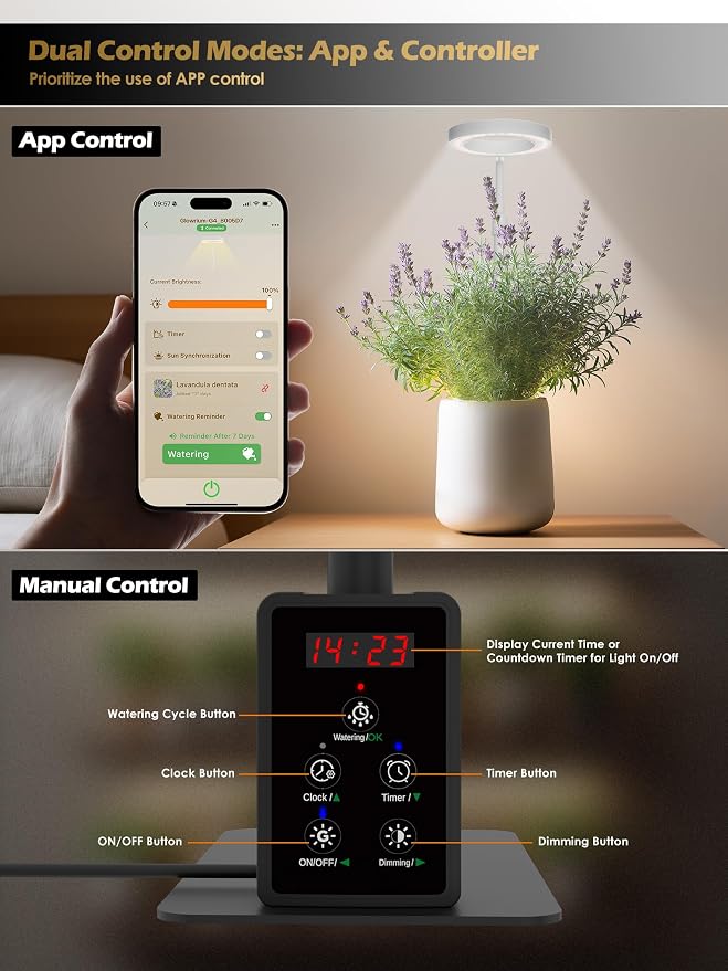 Smart Grow Lights for Indoor Plants, Plant Light with Auto-Timer, Full Spectrum LED Grow Light, Adjustable Height & Stepless Dimming,Plant Assistant Suitable for Most Plants (Black-1)