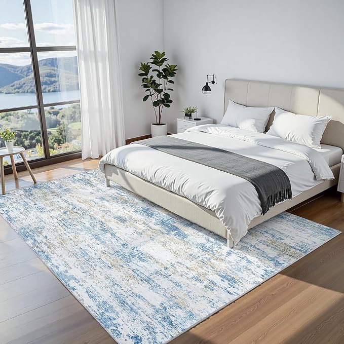 9x12 Area Rugs for Living Room: Washable Soft Blue White Abstract Carpet | Non-Slip TPE & Stain Resistant,0.25" Low-Pile,Kids Pet Friendly Modern Decor for Dining Room Farmhouse Office, Non-Shedding