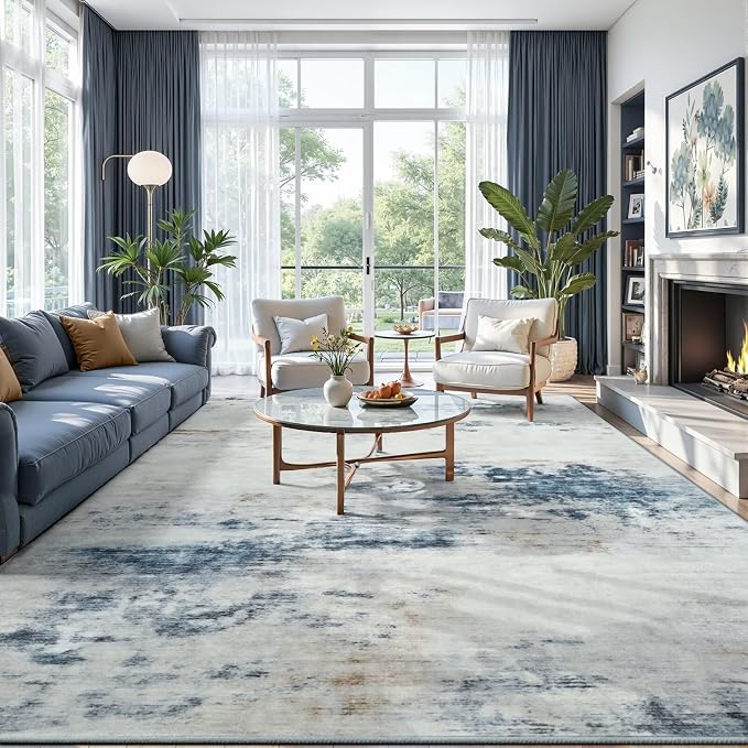 Toneed Washable 6x9 Area Rug with Non-Slip Backing for Living Room | Abstract Modern Rugs, Soft Low Pile Carpet for Bedroom Kitchen Dining Room Nursery Indoor Floor Office Home Decor, Blue/White