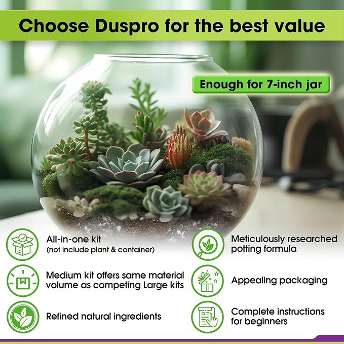 DUSPRO Terrarium Kit, Include Potting Soil, Pumice, Zeolite, Green Moss, Sphagnum Moss, Decorative Stone, Mesh, Tools, DIY Terrarium Kit for Kids, Air Plant, Succulent