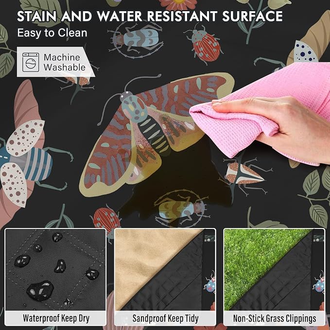 Insect Picnic Blankets Waterproof Foldable, 60″X80″ Packable Picnic Mat Boho Outdoor Blanket for Grass, Large Beach Blanket Sandproof Picnic Accessories for Camping Music Festival Park Lawn Travel