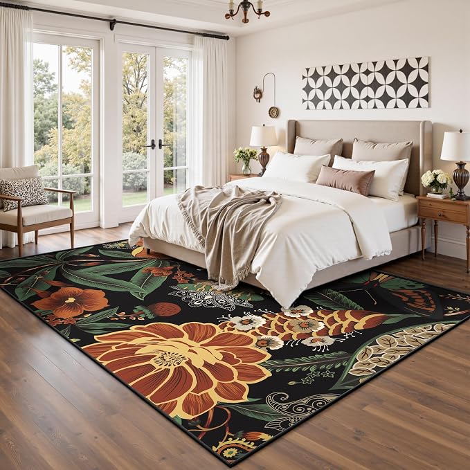 Tyrot Vintage Black Boho Floral Living Room Rug, 5x7 Rug Flat Woven Washable Botanical Butterfly Area Rugs Ultra-Thin Non Slip Low Pile Carpet for Bedroom, Dining Room, Office