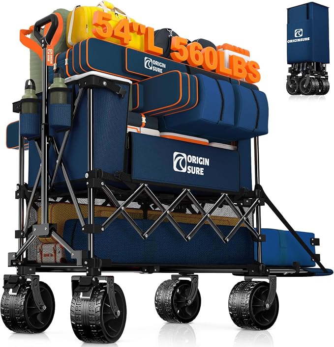 Originsure 400L Double Decker Wagon Collapsible with 54" L Tailgate, 560lbs Heavy Duty Carts Foldable, Extra Large Folding Beach Wagon with Big All-Terrain Wheels for Camping, Sports, Groceries, Blue