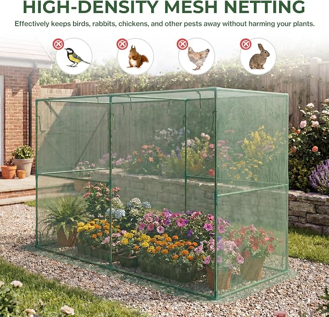 Aoodor 8x4x6 FT Crop Cage, Plant Protection Tent with Heavy Duty Steel Frame and Zippered Doors, Green Netting Cover for Garden, Lawn, Yard
