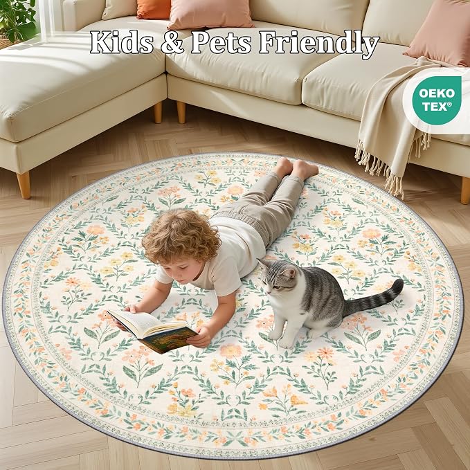 PLHXFR Round Area Rug Living Room: 4 ft Floral Washable Carpet Beige Multi | For Bedroom Dining Room Farmhouse Nursery Hallway,Vintage Floral,Machine washable,Non Slip,Stain Resistant,Large Indoor