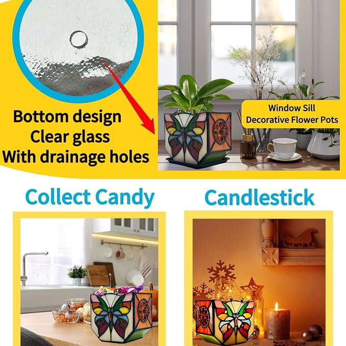 Handcrafted Stained Glass Butterfly Planter, Cute Planters for Indoor Plants,Decorative Indoor Flower Pot, Cactus Pot, with Drainage,Home Garden Decor