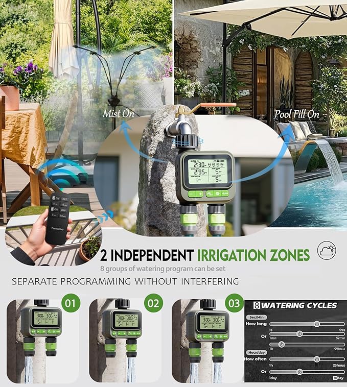 Smart Sprinkler Timer with Remote, 8-Zone Programmable Dual Outlet Watering timers, IP65 Waterproof Automatic/Manual Hose Timer with Child Lock for Lawn, Yard, Garden, and Pool (Twin)