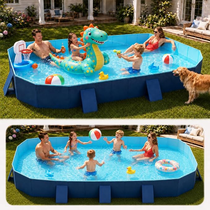 Japard Foldable Non-Inflatable Pool XX Large 115" Above Ground Kids Blue | Non-Inflatable Swimming Reinforced Sidewalls Deep for Baby Toddler Adults Backyard No Hassle Collapsible Portable