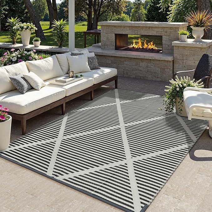 Lahome 6x9 Outdoor Plastic Straw Rug, Plastic Straw Reversible Camping Rug for Tent, Large Weatherproof Outside Carpet for Rv Beach Backyard Balcony Deck, Grey 6'x9'
