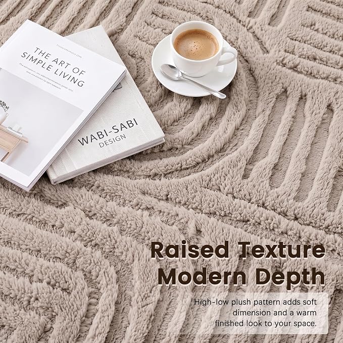 Etwel 6.5 ft Taupe Geometric Textured High-Low Pile Washable Round Rug | Modern Soft Carpet, Non-Slip PVC Backing, Low Profile, Kid and Pet Friendly, for Living Room, Bedroom, Dining Room, Nursery