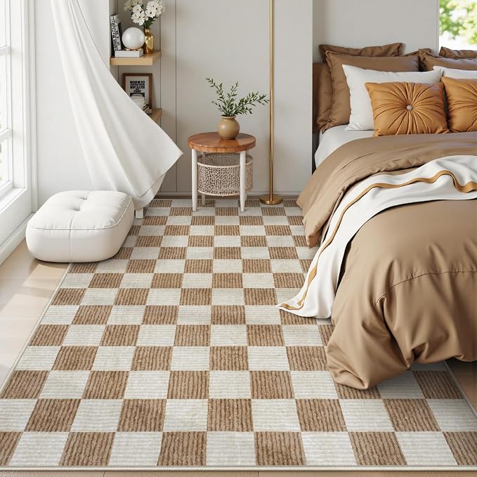 Machine Washable 5x7 Area Rugs for Living Room Checkered, Non Slip Soft Low Pile Farmhouse Geometric Modern Neutral Playroom Boys Rugs for Bedroom, Large Carpet Rugs for Dining Room(Brown,5'x7')