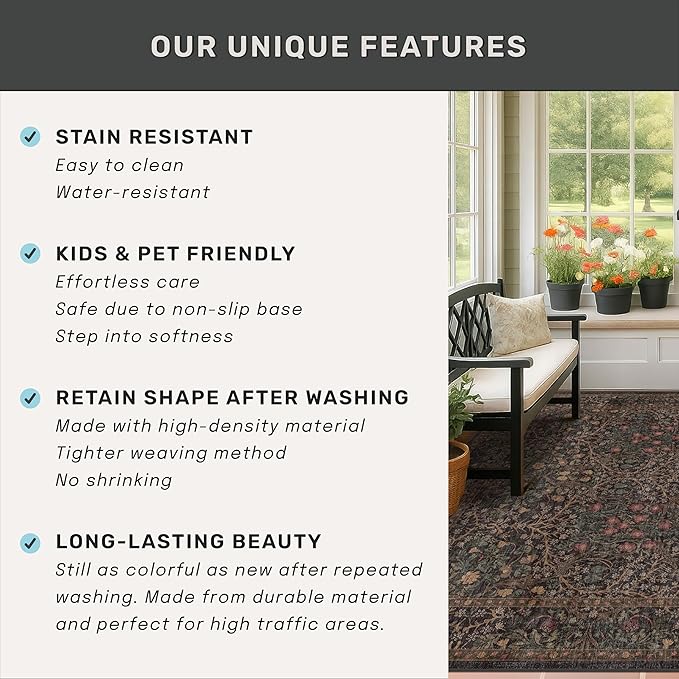 Dark Brown 2'6" x 8' Runner Rug for Hallways Non Slip, 8ft Extra Long Floor Runner for Kitchen, Entryway Indoor, Washable Rubber Backing Stain Resistant - Vintage Dark Botanical Floral Décor