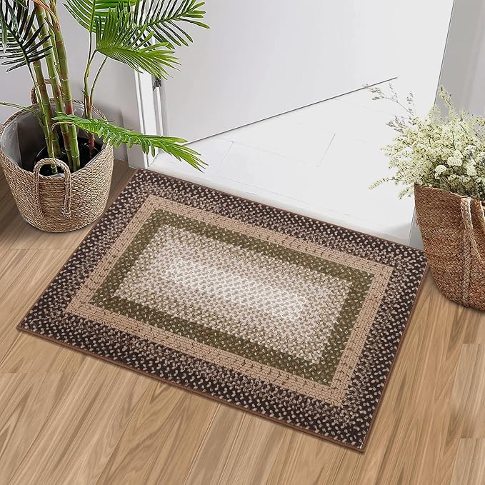 RUGSREAL Entryway Area Rug 2x3 Small Machine Washable Bedroom Rug Non Slip | Bathroom Mat Stain Resistant Kitchen Farmhouse Carpet Modern Rustic Area Rugs for Living Room Dining Room, Moss/Brown